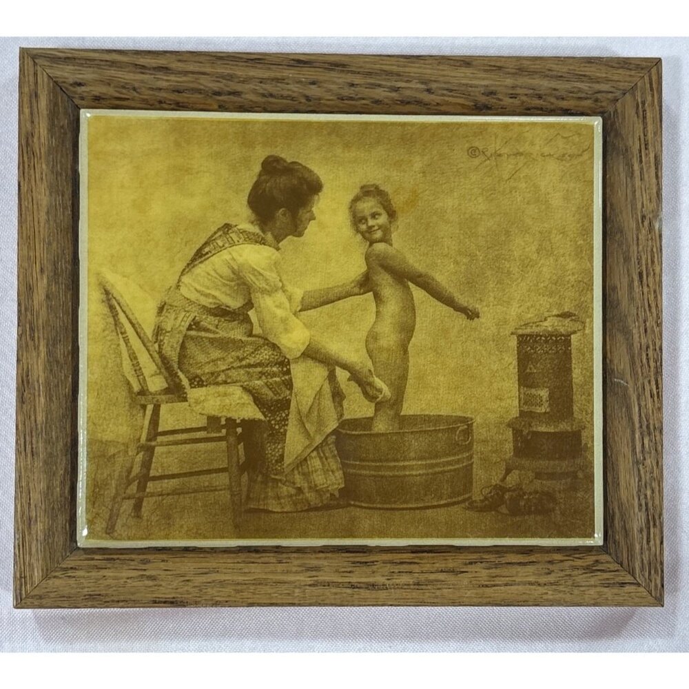 Vintage Framed Sepia R Hendrickson Woman & Child Bath Time Scene